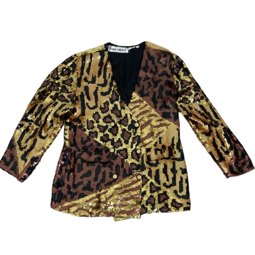 French Collizioni vintage leopard cheetah Black Gold Long Sleeve Sequin Jacket M